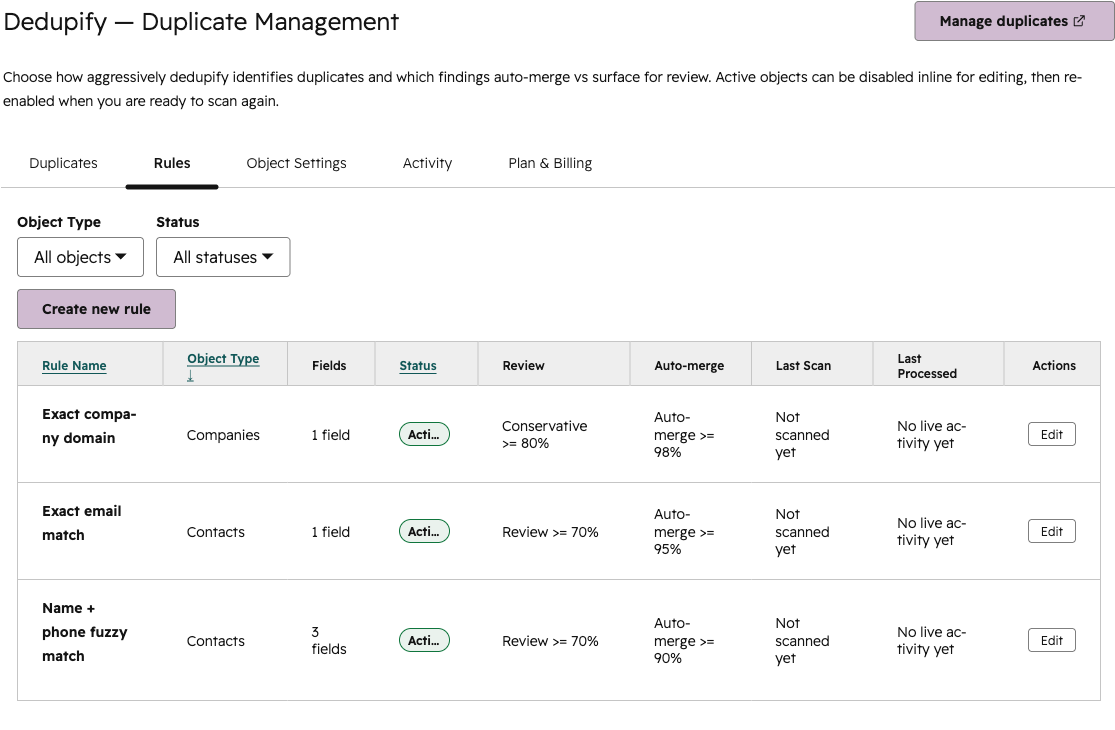 Dedupify property matching rules configuration