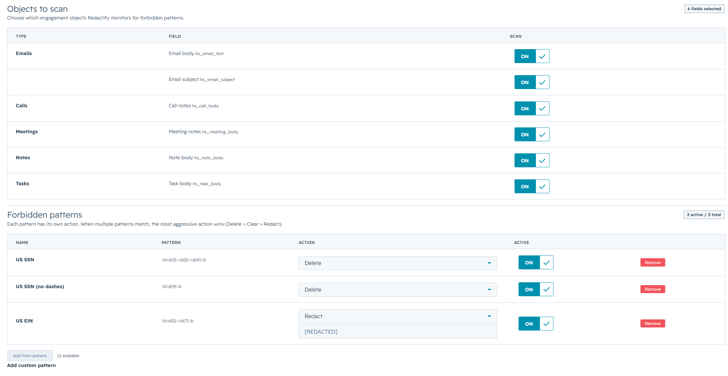Redactify objects to scan and forbidden patterns configuration